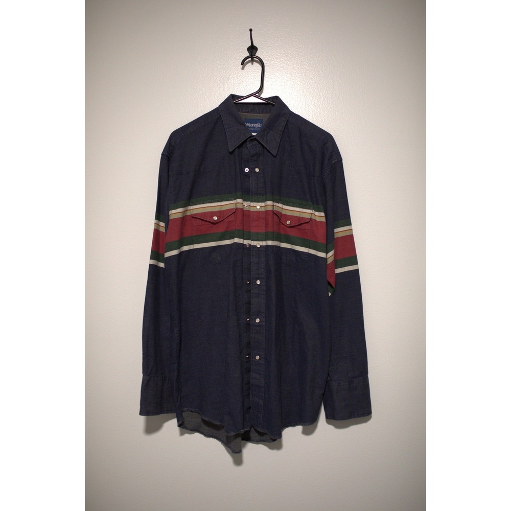 Wrangler Western Mens Large Navy Blue Striped Pearl Snap Button Down 75646BL